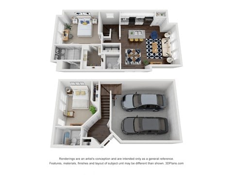 Floor plan for 2 beds, 2.5 baths, 1233 sqft